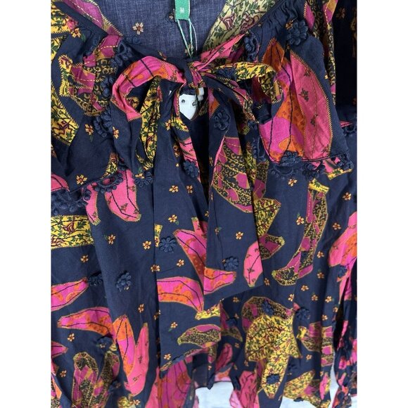 FARM RIO Women's Navy Patchwork Banana Ruffle Tie Neck Embroidered Blouse NWT M - Picture 4 of 6
